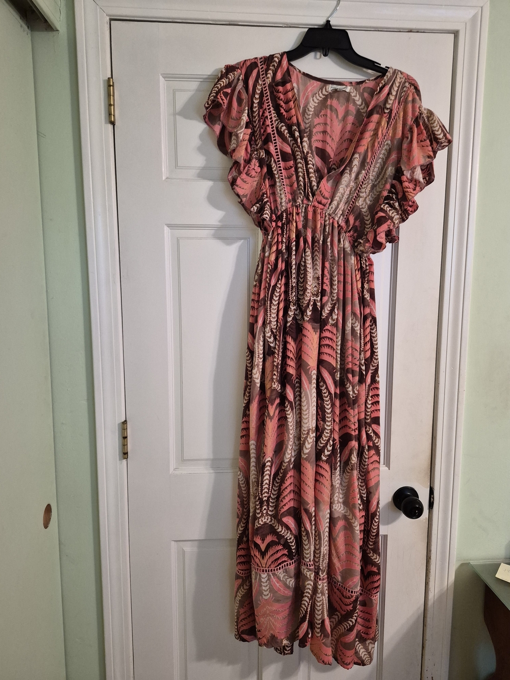 Coral Printed Maxi Dress with Flutter Sleeves